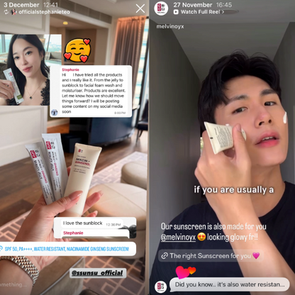 Two split-screen images showing a person holding skincare products and another applying sunscreen.